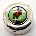 Sterling silver pill box with painted enamel Horse and Jockey, D: 2.5 cm, 11g. P&P Group 1 (£14+