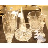 Quantity of crystal including wine cooler, vases, candlesticks and a Murano glass flower. Not