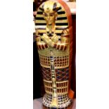 Tall Egyptian style sarcophagus cupboard, H: 120 cm. Not available for in-house P&P.