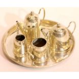 Hallmarked silver miniature five piece tea service comprising tea and hot water pots, sugar bowl and