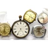 Hallmarked silver pocket watch and four mechanical wristwatch heads. P&P Group 1 (£14+VAT for the
