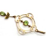 Edwardian Art Nouveau 9ct gold pendant set with two peridots and seed pearls, 1.5g. P&P Group 1 (£