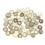 Quantity of pre 1947 silver coinage, mainly threepences, 75g. P&P Group 1 (£14+VAT for the first lot