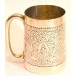 Victorian hallmarked engraved silver christening mug, with vacant cartouche, Sheffield assay 1873,