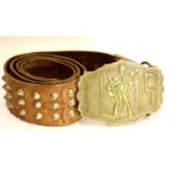 Brass Elvis Presley buckled studded leather belt. P&P Group 1 (£14+VAT for the first lot and £1+