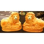 Pair of Staffordshire lions with glass eyes. P&P Group 3 (£25+VAT for the first lot and £5+VAT for