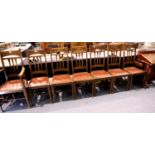 Seven carved Art Nouveau type dining chairs with upholstered seats (6+1). Seat H: 43 cm, back H: 107