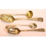 A selection of Georgian hallmarked silver spoons, and a further early spoon with indistinct marks,