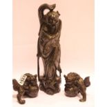 Pair of cast resin Dogs of Fo and a carved wooden Chinese god, H: 36 cm. P&P Group 3 (£25+VAT for