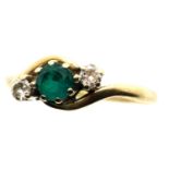 9ct gold emerald and diamond trilogy ring, size L/M, 1.8g. P&P Group 1 (£14+VAT for the first lot