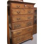 George III oak and mahogany chest-on-chest, the top section of two short above three long