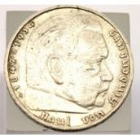 1938 - Nazi Silver 5 Reichsmark with Swastika / Roman Eagle - Depiction of Hindenburg Obverse ;