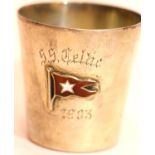 Edwardian hallmarked silver shot cup with an applied enamelled White Star Line flag and engraved