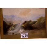 Unattributed Victorian gouache on paper of a waterfall scene set in an ornate period gilt frame,