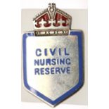Rare vintage WWII sterling silver and enamel Civil Nursing Reserve badge, approximate H: 30 mm,