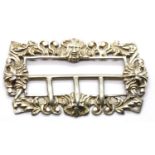 Victorian hallmarked silver relief designed buckle with three tangs, Birmingham assay 1893, 36g. P&P