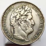 1844 - Silver 5 Francs - France - Louise - Philippe the First. P&P Group 1 (£14+VAT for the first