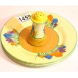 Bizarre by Clarice Cliff, a pair of crow cabinet plates D: 17.5 cm and a Crocus design pepperette.
