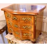 Small French serpentine chest of three drawers with ormolu mounts, H: 38 cm. Not available for in-