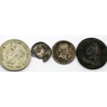Four coins; 1754 copper farthing, 1812 silver Napoleonic silver demi franc, silver hammered long