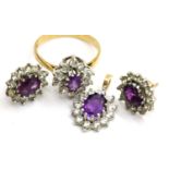 9ct gold, amethyst and diamond ring, pendant and earrings set, 6.3g, ring size N. P&P Group 1 (£14+