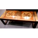 Mid 20thC teak tile top coffee table, 126 x 50 x 42 cm H. Not available for in-house P&P.