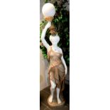 Alabaster stature of a young lady holding a globe, H: 172 cm. Not available for in-house P&P.