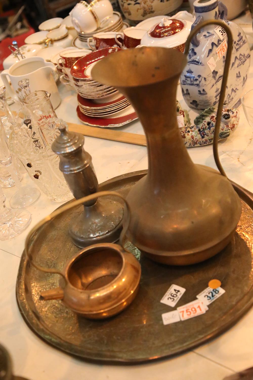 Tray of mixed metalware including a copper jug. Not available for in-house P&P.