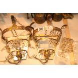 Pair of gilt metal mirrored back wall lights with crystal drops. Not available for in-house P&P.