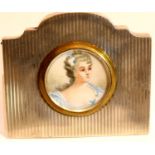 Art Deco hallmarked silver easel frame, having a circular painted ivory portrait of a lady (