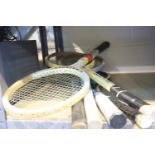 Selection of vintage tennis, badminton and squash rackets. Not available for in-house P&P.