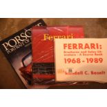 Three car related books, Ferrari 1968-89, Ferrari coffee table book and Porsche coffee table book.