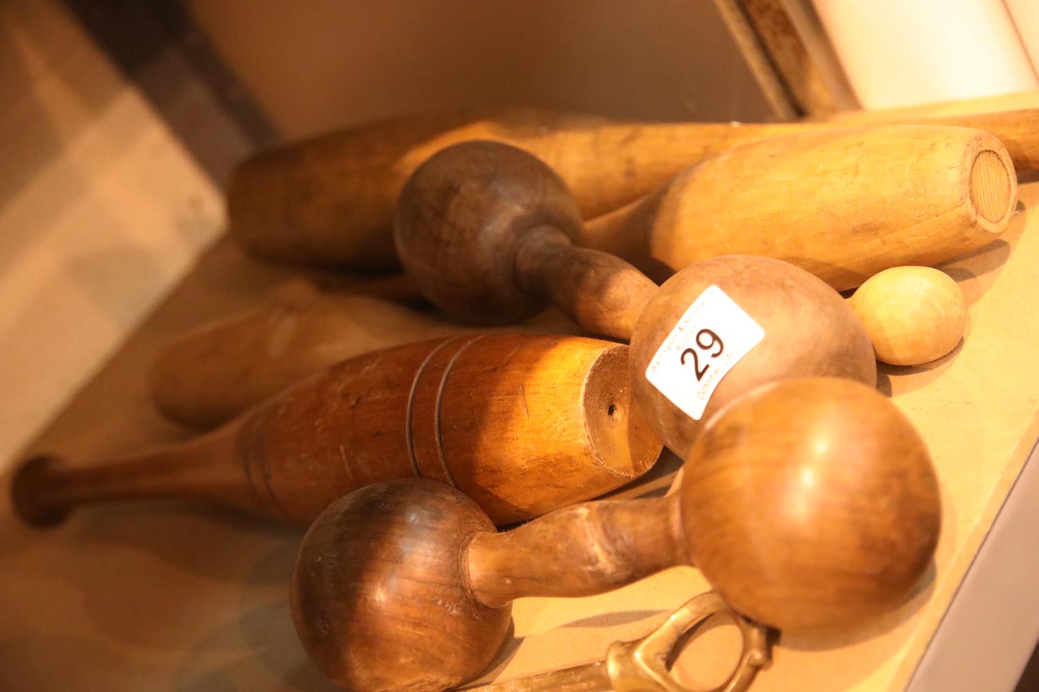 Collection of vintage Indian exercise skittles and dumbells. Not available for in-house P&P.