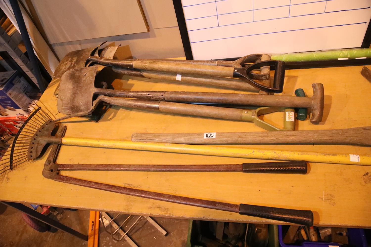Selection of garden tools including spades, forks, rakes etc. Not available for in-house P&P