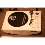 White, Jive Music Centre ? 3 speed turntable: 33/45/78; CD/ MP3/ USB player; FM radio & remote