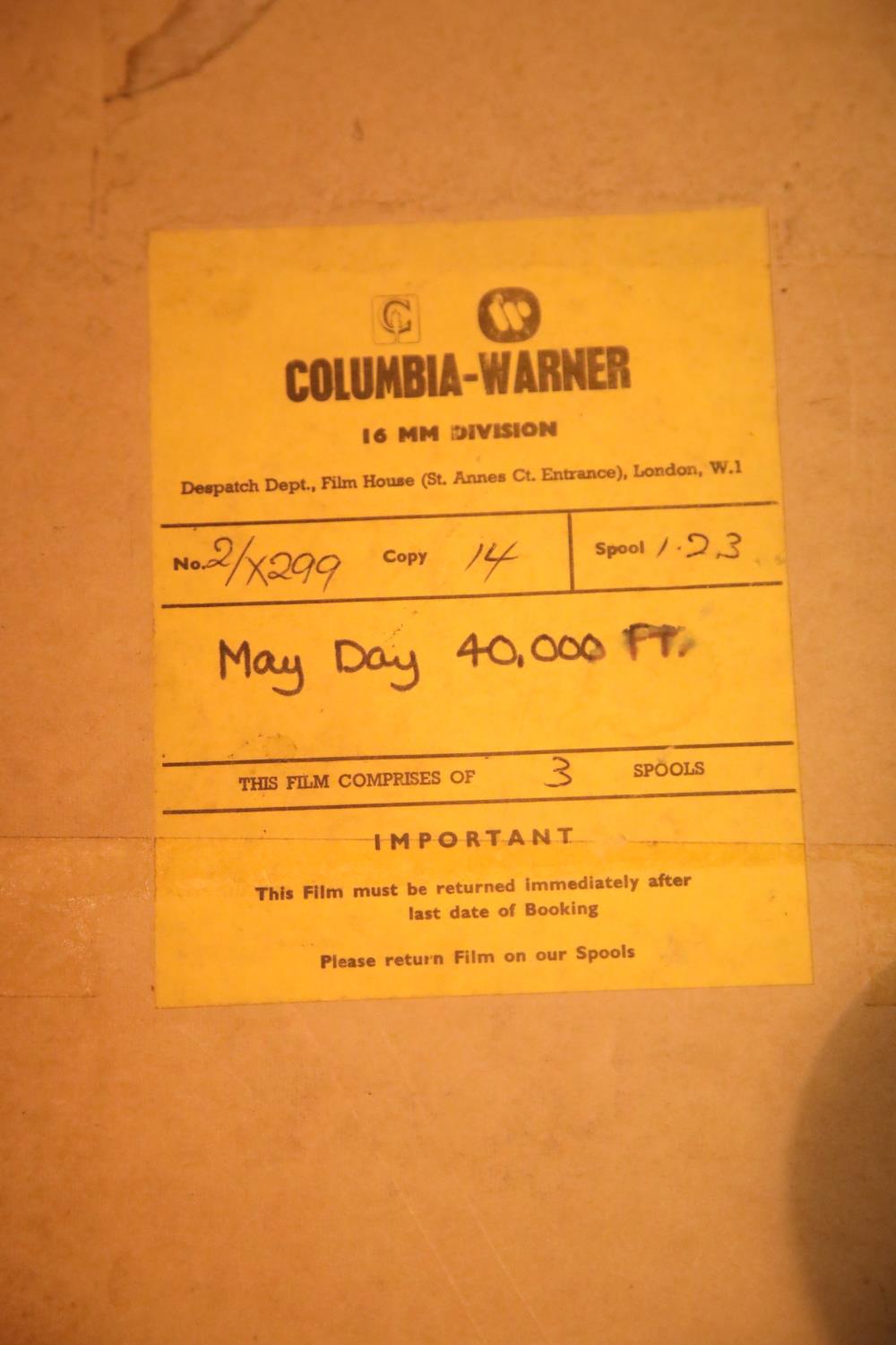 Three reel set of Columbia Warner cinema 16mm colour film mayday at 40,000ft. P&P Group 3 (£25+VAT