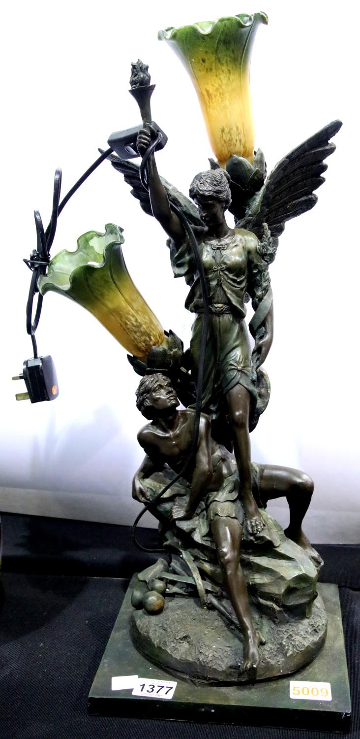 Art Nouveau style bronzed figural table lamp with two glass shades. Not available for in-house P&P