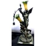 Art Nouveau style bronzed figural table lamp with two glass shades. Not available for in-house P&P