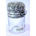 Victorian heavy gauge hallmarked silver mounted dressing table pot with internal glass lid, hinged