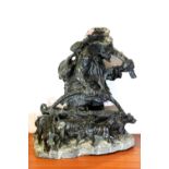 Heavy carved marble figurine of a huntsman with dogs, signed Godfrey Chimhanz, H: 53 cm. Not