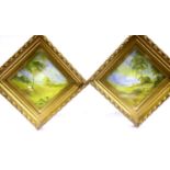 Attributed to CV White for Royal Worcester, a pair of painted ceramic square panels set within
