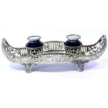 Good Victorian hallmarked silver desk stand with Bristol blue glass inkwells with hinged silver tops