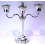 Hallmarked silver two branch candelabra with central plug, H: 23 cm. P&P Group 2 (£18+VAT for the