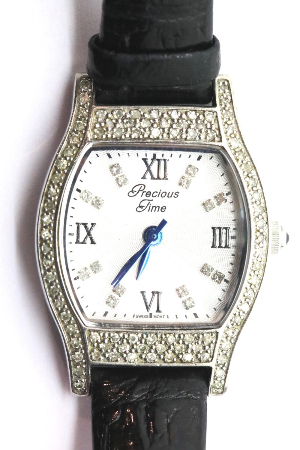 Precious Time ladies diamond set wristwatch on a leather strap. P&P Group 1 (£14+VAT for the first