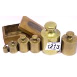 Set of five brass graduated weights and a Mauchline ware box. P&P Group 2 (£18+VAT for the first lot