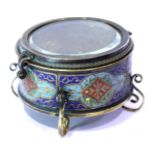French enamelled circular box with glass hinged cover on four brass curled feet, D: 11 cm. P&P Group