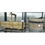 Coopered steel bound oak well bucket and a wooden trug. Not available for in-house P&P