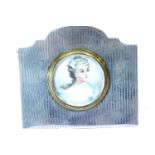 Art Deco hallmarked silver easel frame, having a circular painted ivory portrait of a lady (