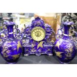 Victorian cobalt blue ceramic mantel clock and garniture pair by AG Harley Jones, Fenton, gilt