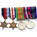WWII medal set and QSM medal ribbon on single bar. P&P Group 1 (£14+VAT for the first lot and £1+VAT